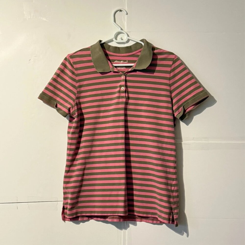 Eddie Bauer Womens Polo Shirt Size L Grey Pink Tall Short Sleeve Collared Button